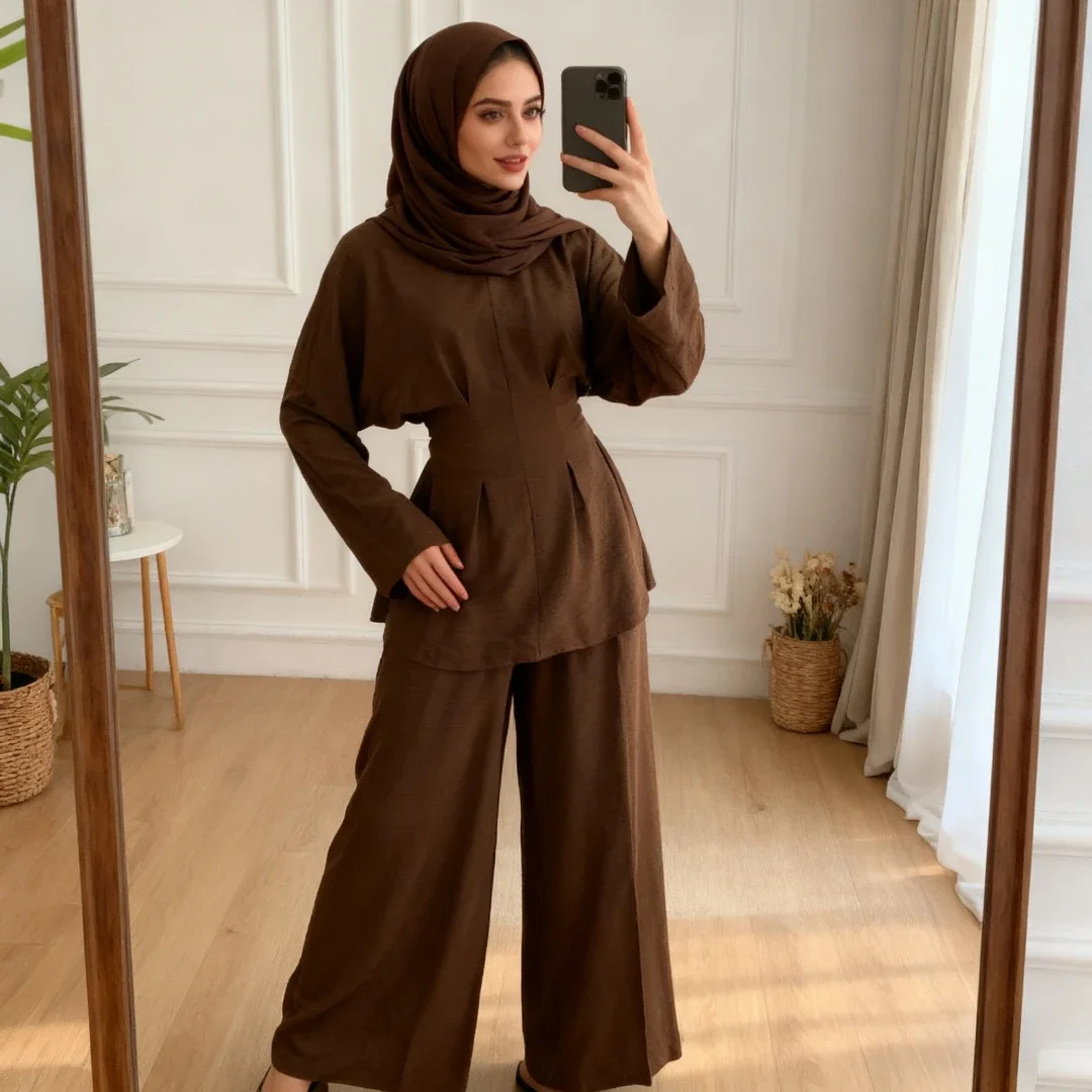 イード女性用シャツとストレートパンツのムスリムセット、2ピースセット、レースアップ、ラマダン、ドバイ、モロッコスーツ、ムスリムアンサンブル、アラブロングパンツ