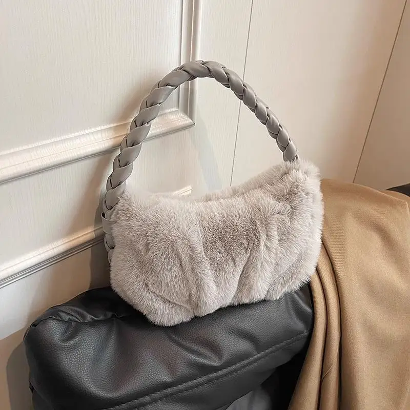 Faux Fur Handbags For Women Cute Small Lipstick Cosmetics Bags Woven Ladies Handbags and Purse Winter Armpit Shoulder Bags Girl