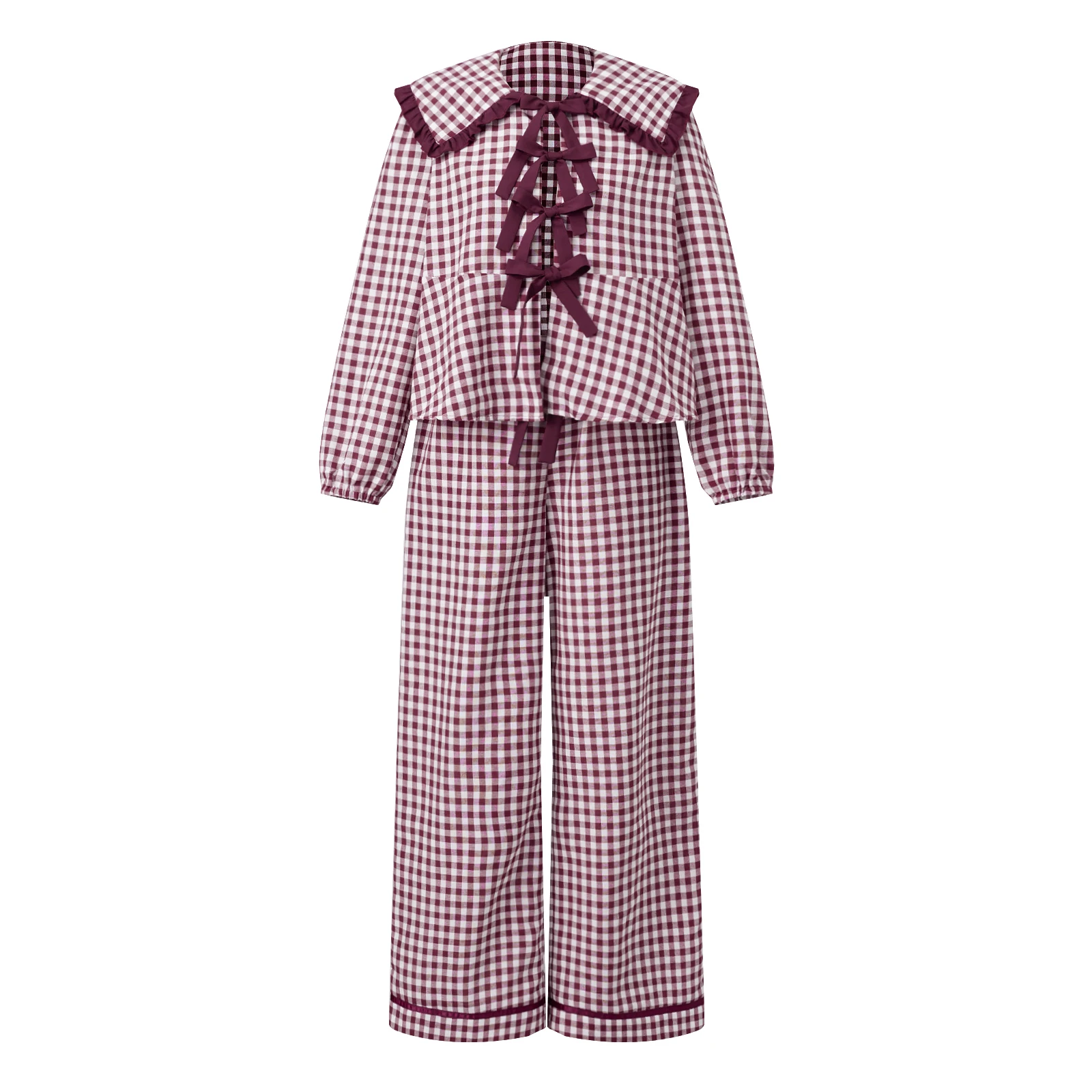 

Женский осенний пижамный комплект в клетку: топ с длинным рукавом и бантом спереди, брюки на резинке, домашняя одежда, комплект из 2 предметов