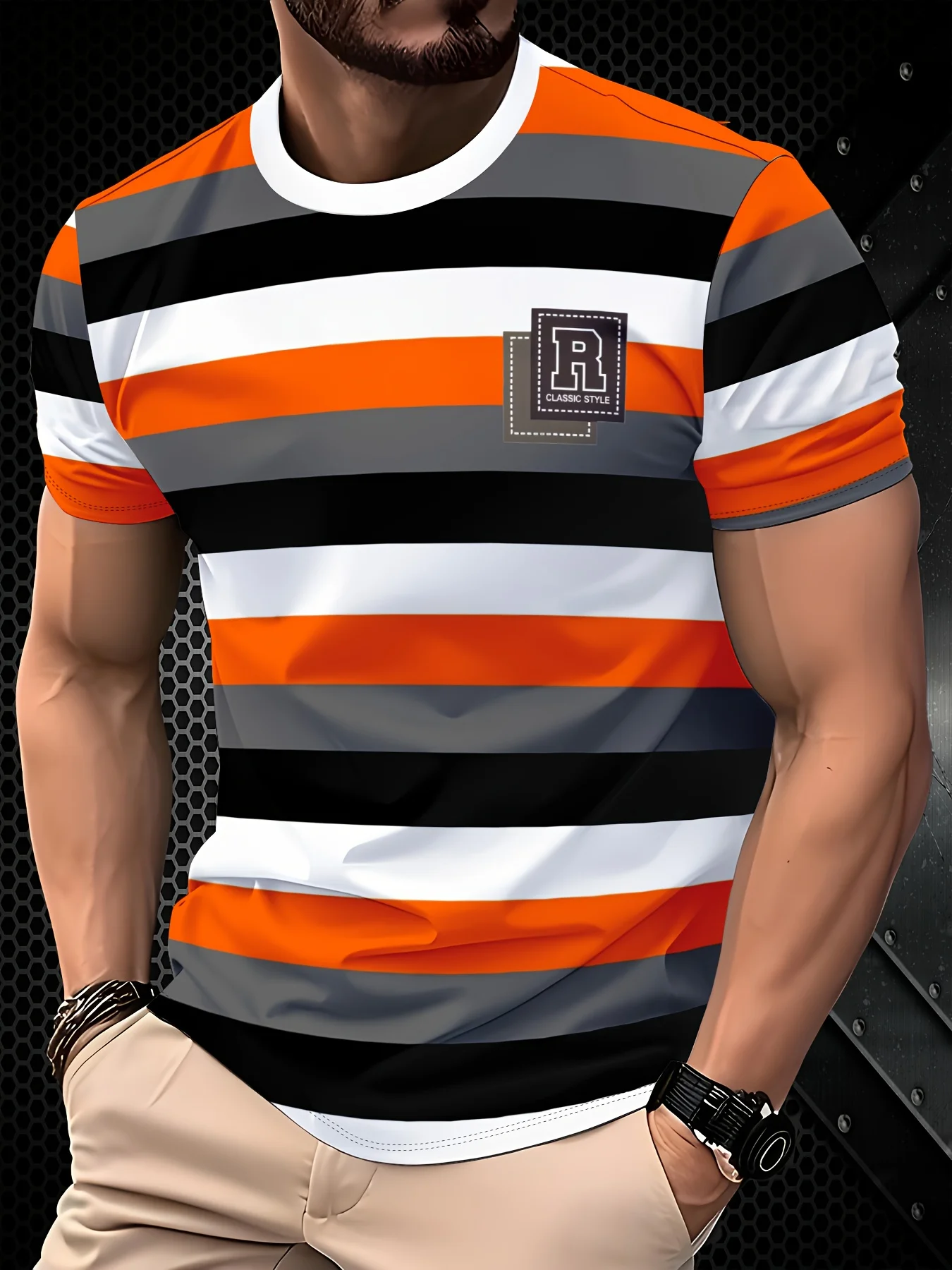 New men's short-sleeve T-shirt, loose-fitting and tailored with printed designs, versatile basic crew-neck top suitable for spri