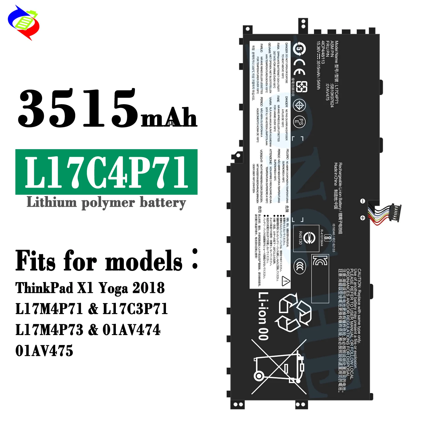 L17C4P71 Laptop Battery for Lenovo ThinkPad X1 Yoga 2018 Gen 3 L17M4P71 L17C3P71 01AV474 01AV475 15.36V 54Wh Replacement Battery