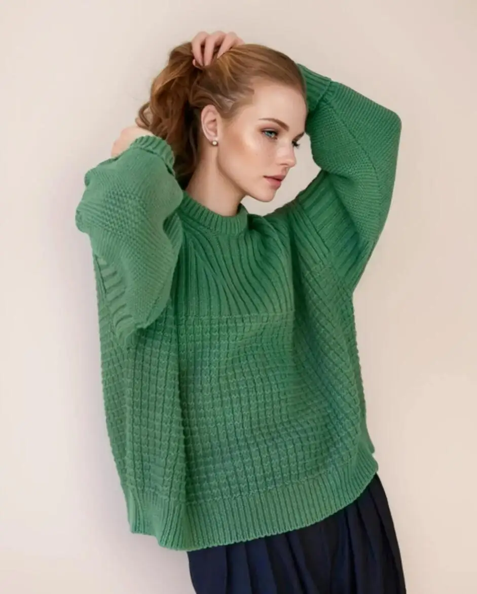 2024 Autumn Green Rib Knitted Full Sleeve Pullover Sweater O neck Loose Jumper Knitwear Yellow