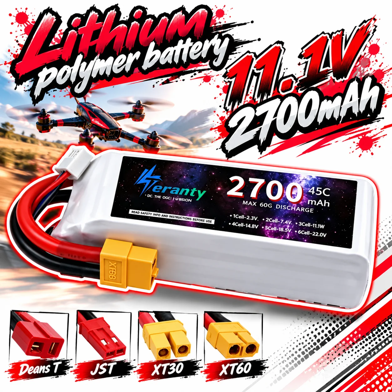 FPV Drone 3S 11.1V 45C LiPo Battery XT60 3000mAh High Discharge Lithium Polymer Pack, Strong Thrust Racing Freestyle Quadcopter