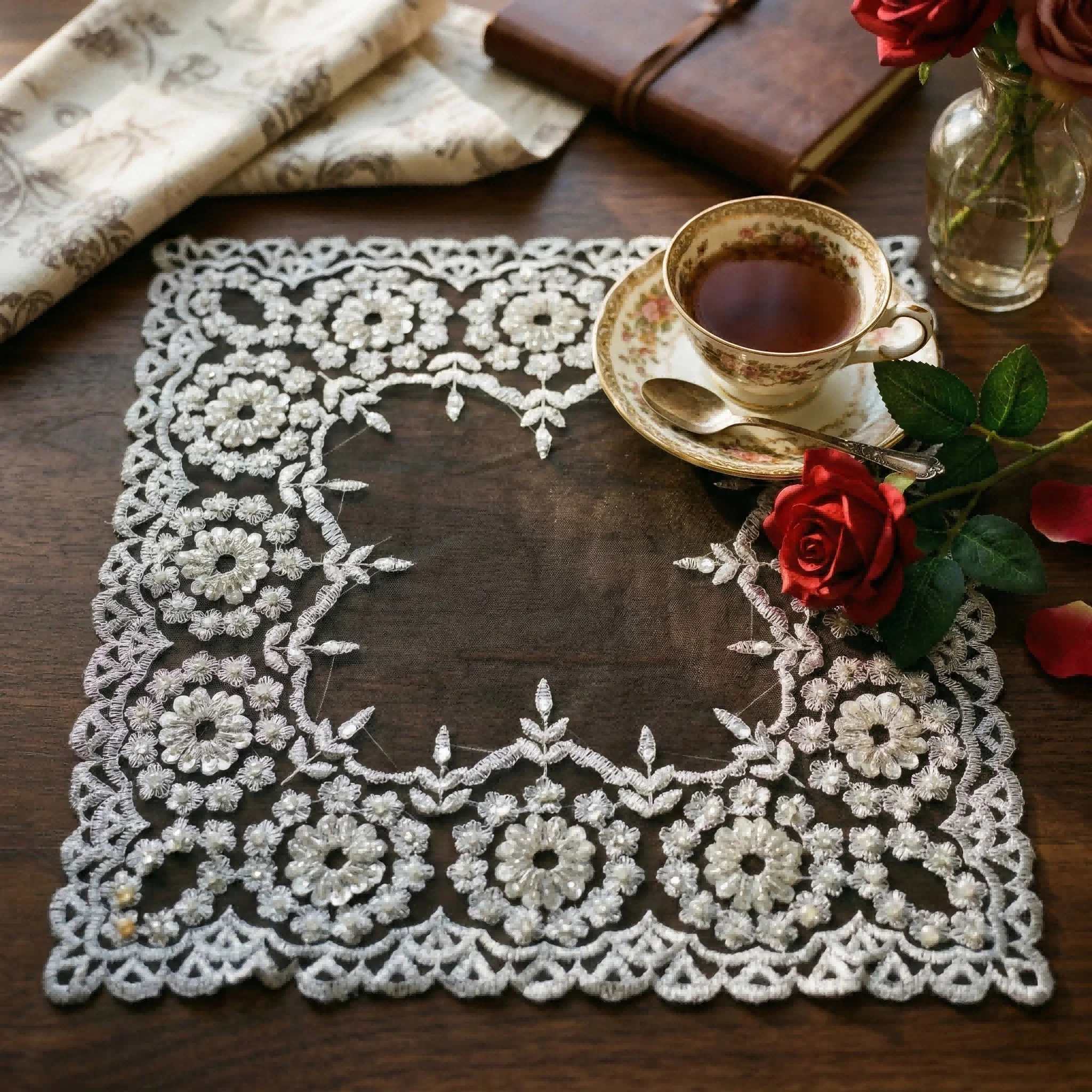 2pcs Premium Black White Placemats Set Lace Embroidered Beaded Square Table Mat Wedding Table Towel Kitchen Dust Cover Cloth - view 2