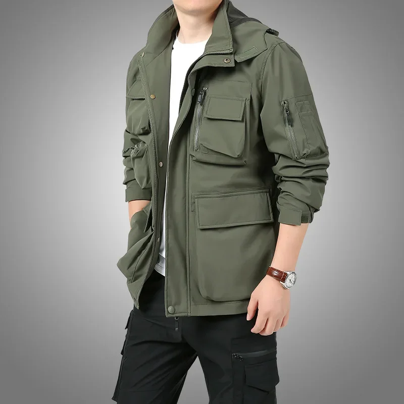 

Autmn Men Cargo Coat Zipper Long Sleeve Pocket Camouflage Man Jacket Fashion Outdoor Detachable Hooded Male Outerwear