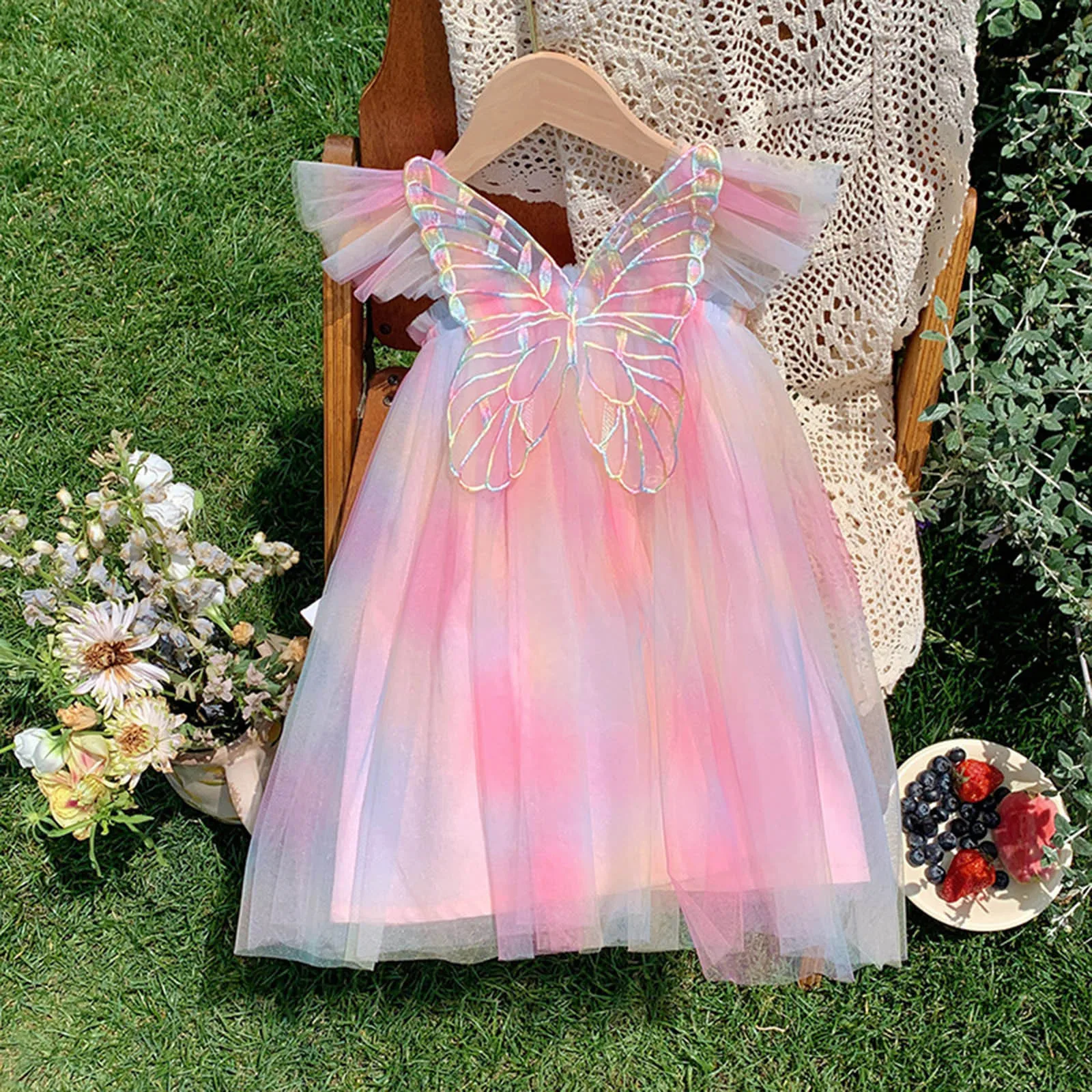 2024 New Summer Baby Girls Mesh Tulle Casual Dress with Ribbon Bow Butterfly Wings Mid-Calf Length Flare Sleeves Sling Dresses