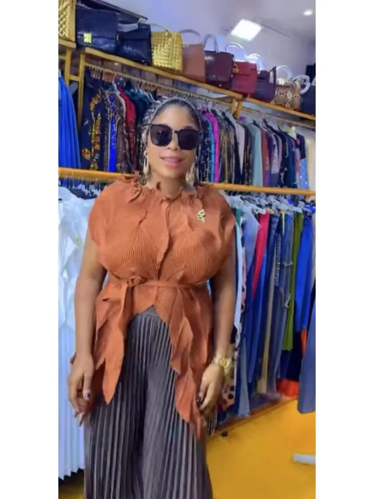 2025 African Miyake Pleated Splicing Set Solid Color One-word Collar Top + Wide-leg Pants Loose Two-piece Set Summer New Women's - view 5