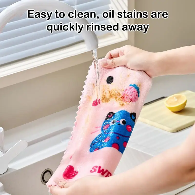 Cat Print Coral Fleece Kitchen Cloth Absorbent Soft Cleaning Towel Multipurpose for Washing Dishes and Wiping Household Items