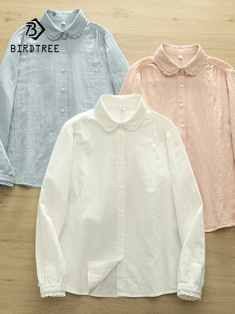 New 2026 Autumn Women Cotton Yarn Long Sleeve Shirt, Turn-down Collar Lace, Mori Girl Preppy Style Soft Loose Blouse T6O662CC