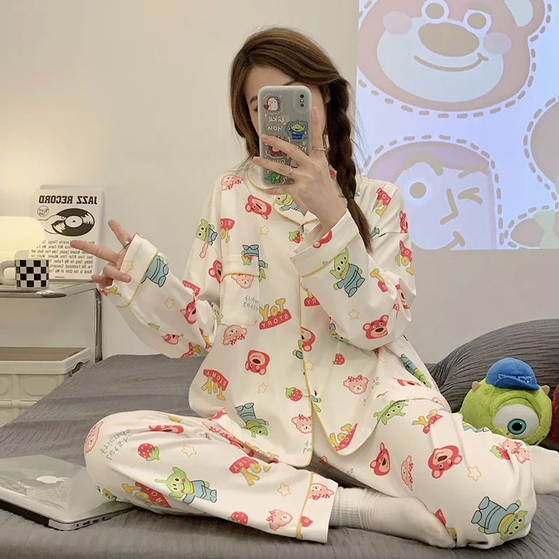 Disney Cartoon Three Eyed Monster Strawberry Bear Pattern Long Sleeved Pants Set Pijama Women Pajama Sets