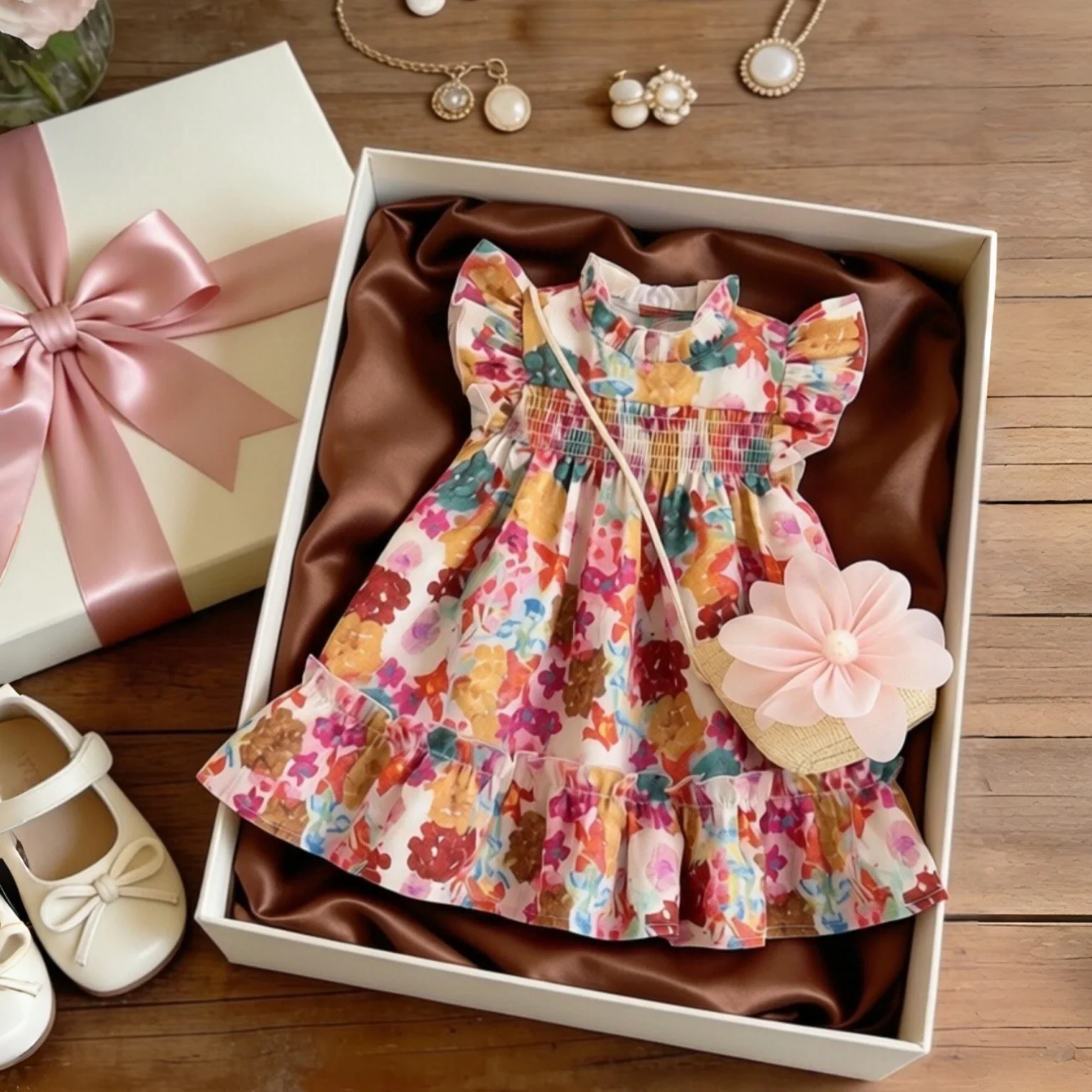 Baby Girl Dress Summer New Gift bag Sweet Flower Print Little Girl Daily Outing Dress Children's Clothing 6 Months -3 Years Old