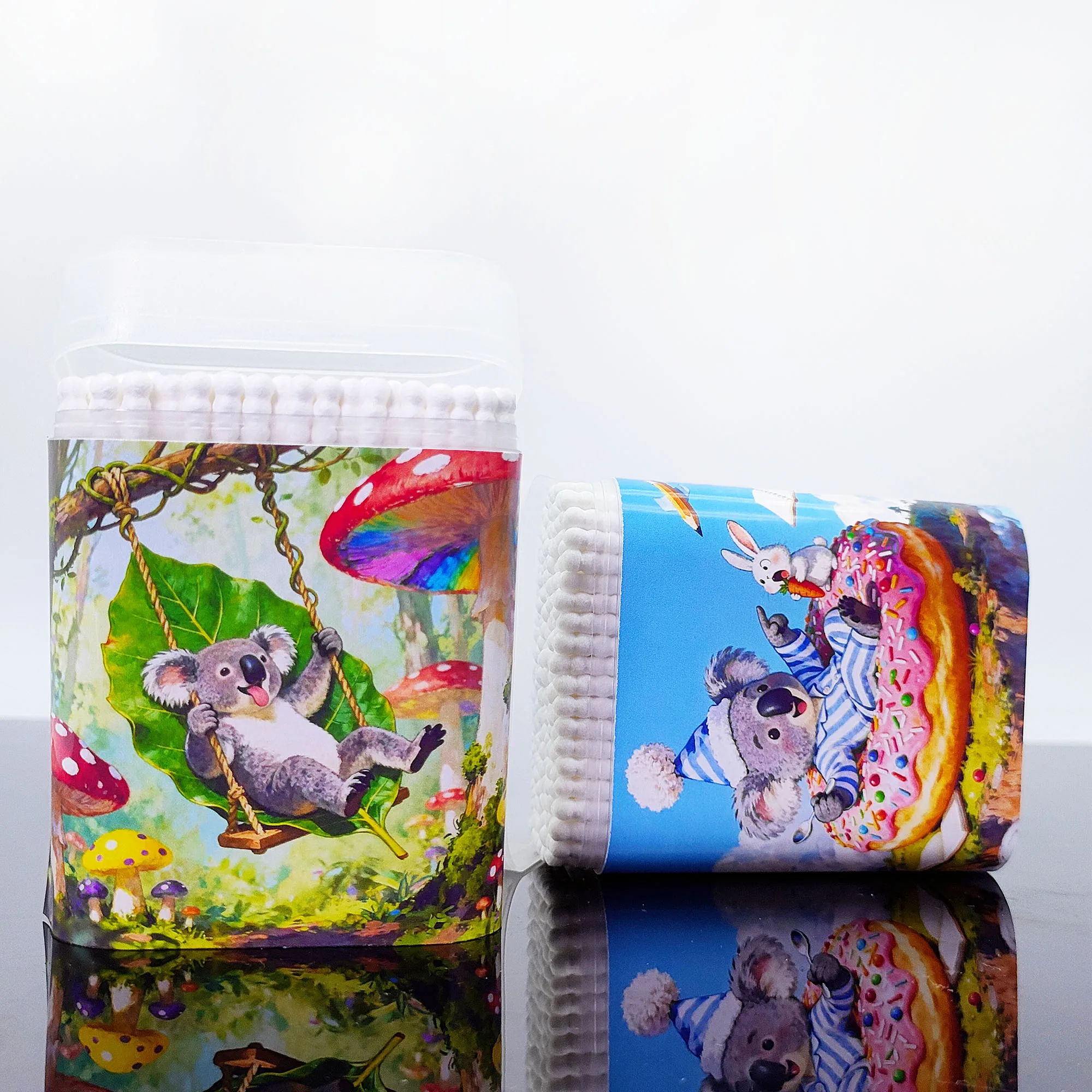 200개/600개 코알라 테마 면봉 다기능 양면 면봉 나사형 원형 면봉.