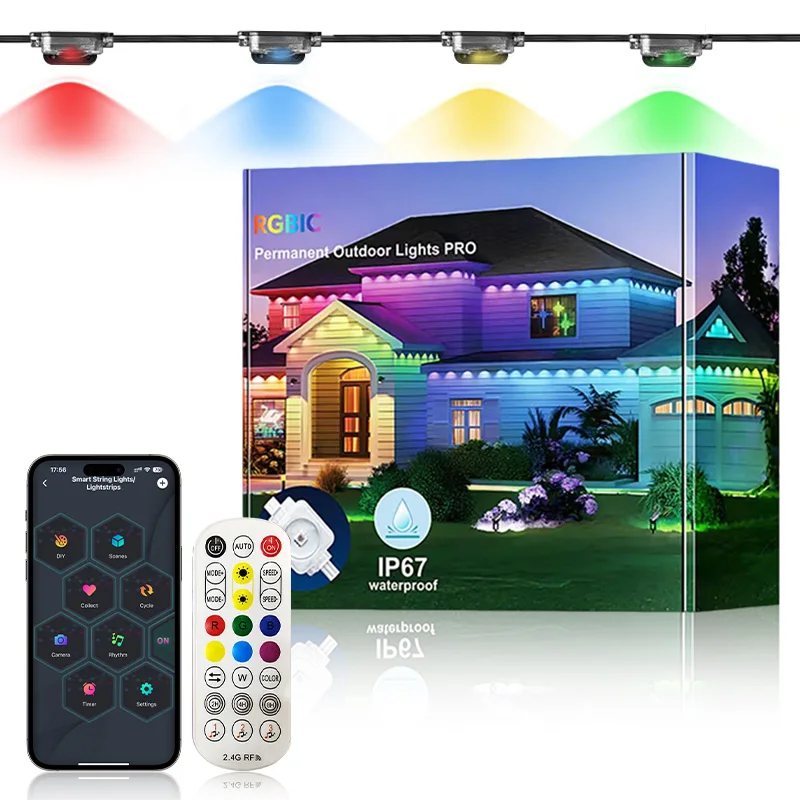 100피트 60LED 스마트 야외 스트링 라이트 IP67 방수 앱 제어 RGBIC DIY 음악 동기화 파티오 처마 파티 장식 조명