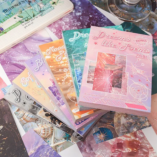 100 unids/lote, Bloc de notas, Material de papel, las estrellas y la luna brilla, diario basura brillante, papel de decoración de fondo para álbum de recortes