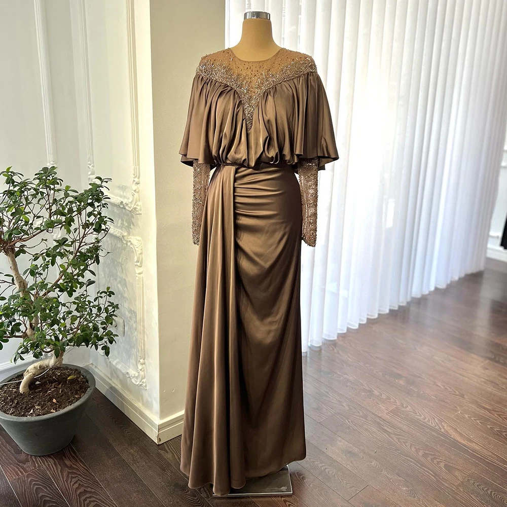 Luxury Mother of the Bride Dress for Wedding Beading O Neck Illusion Wedding Guest Gowns Women Long Sleeves Column Evening Dress