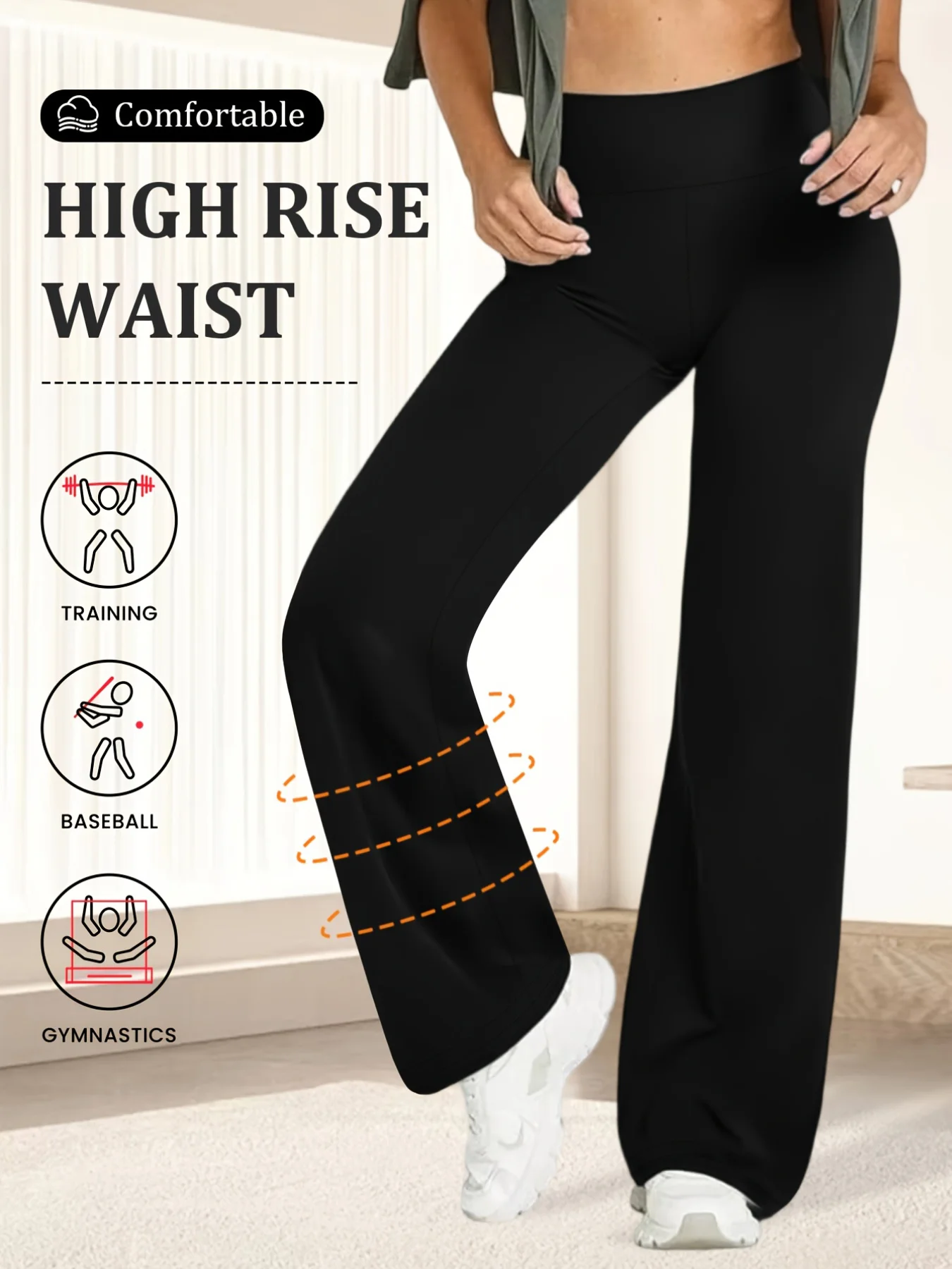 

A Spring Black Leggings With High Waist Elasticity And Slightly Flared Hem Design, Suitable For Casual Sports