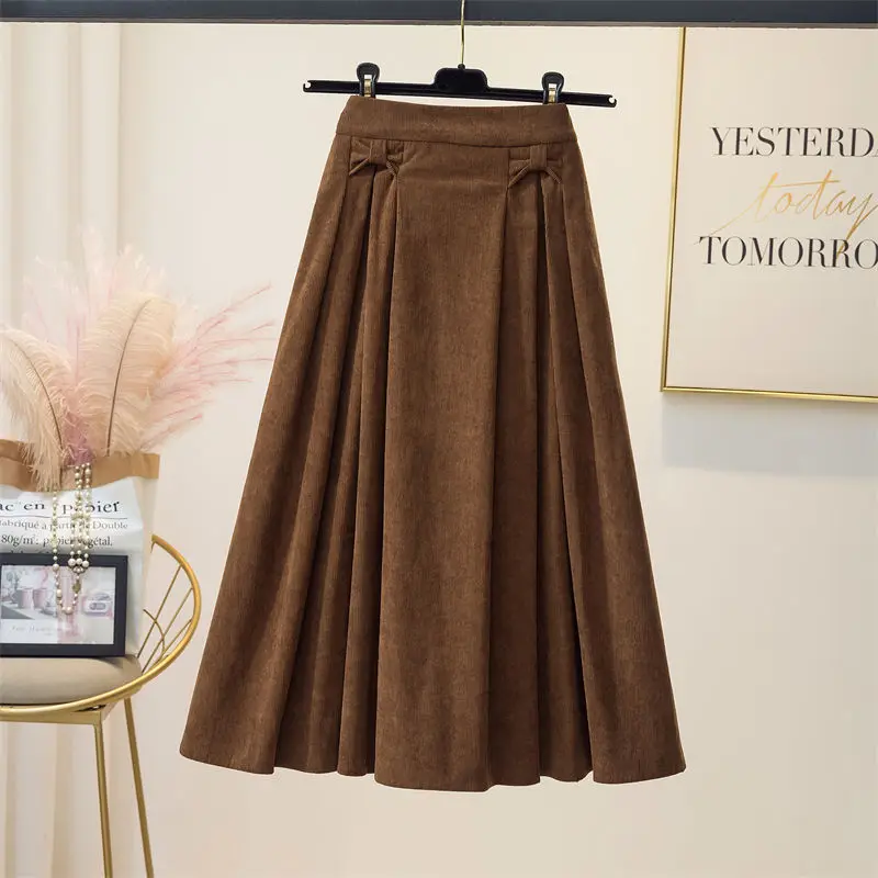 Korean Fashion Autumn/Winter Women\'s Solid Corduroy Elastic High Waist Solid Bow Pleated Vintage Casual Mid-length A-line Skirts