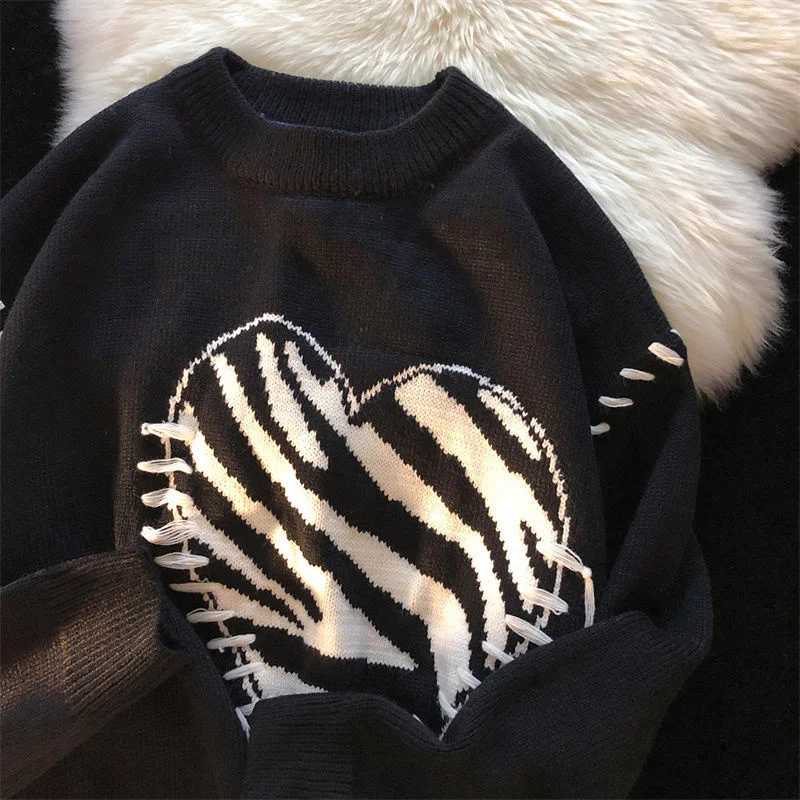 Love Zebra Pattern Oversized Sweater Women And Men Autumn Winter Wear 2022 New Harajuku Simple Retro Lazy Couple Pullover Tops