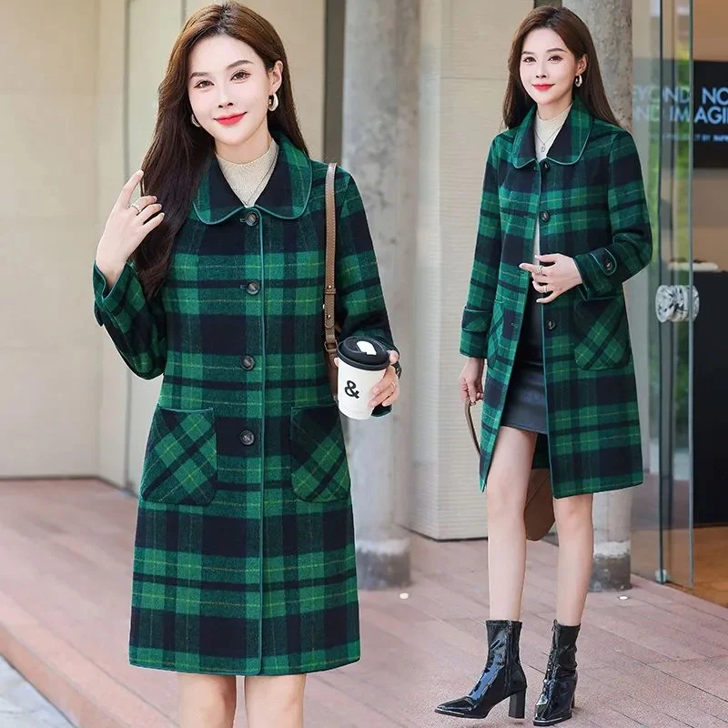 

Autumn Winter High End Fashion Double Sided Cashmere Woolen Coat Women Single Breasted Plaid Wool Jacket Mother Long Windbreaker