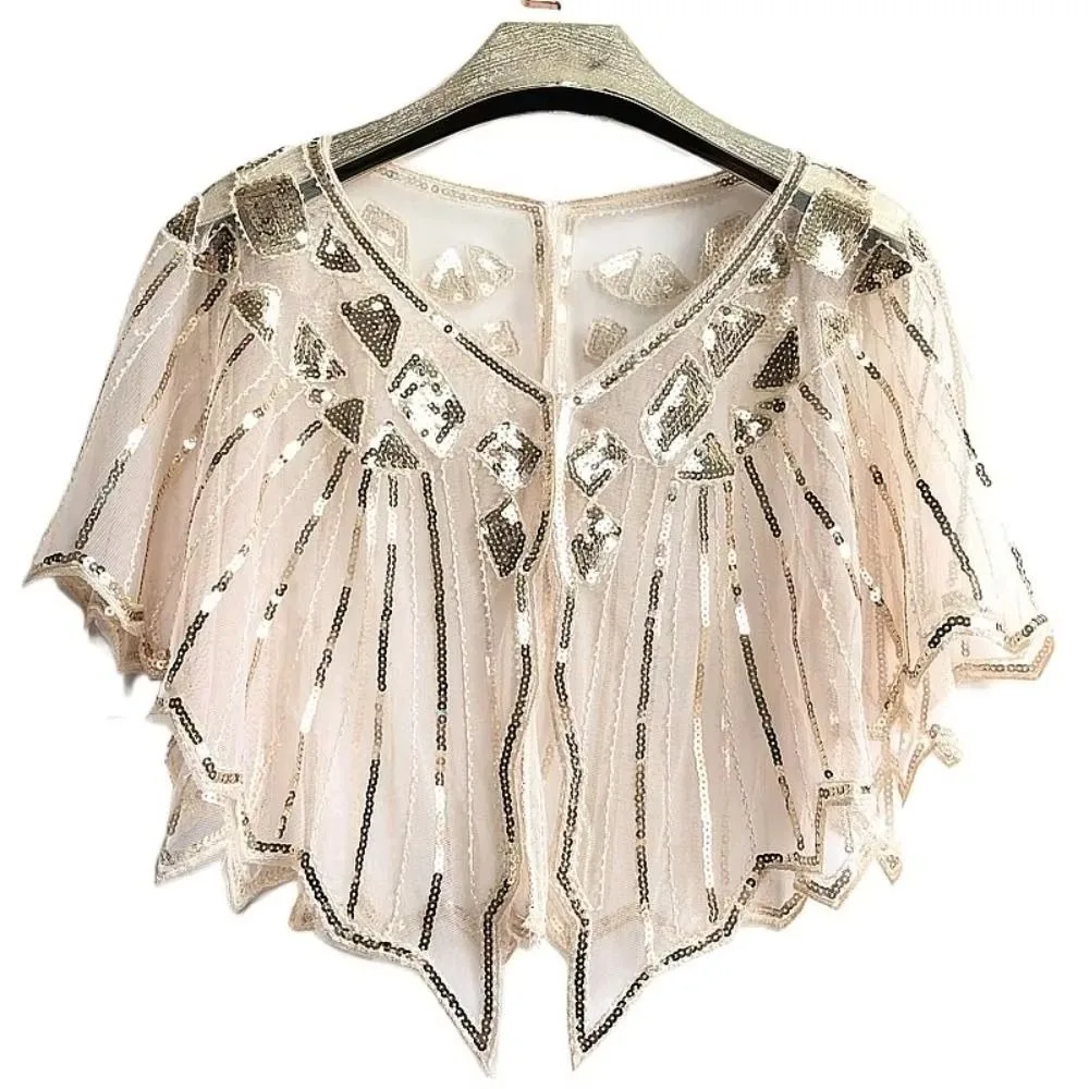 

Beaded Decoration Women's Sequins Shawl Mesh Short Cover Evening Cape Up Dress Accessory Vintage Flapper Party Shawl Ladies