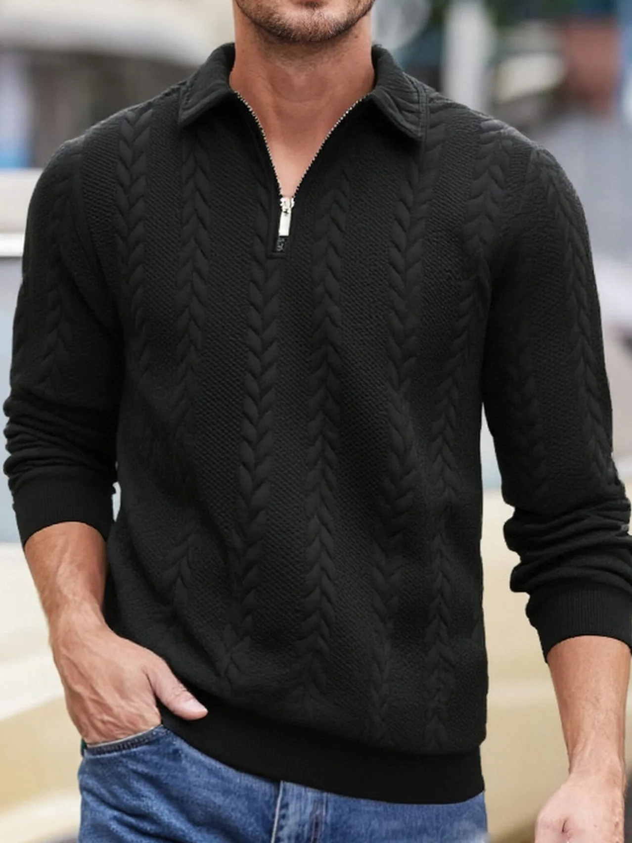 Mens Lapel Half Zip Sweatshirt Long Sleeve Cable Textured Pullover Relaxed Fit Tops For Daily Casual Autumn And Winter Dressing