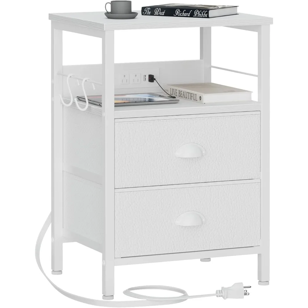 

End Table with Charging Station, Nightstand with Fabric Drawers, Side Tables with USB Ports & Outlets