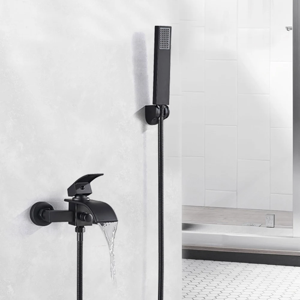 Modern Black Wall-Mounted Bathtub Tap Bath Brass Mixer Tap Attachment Shower Set with Hand Shower