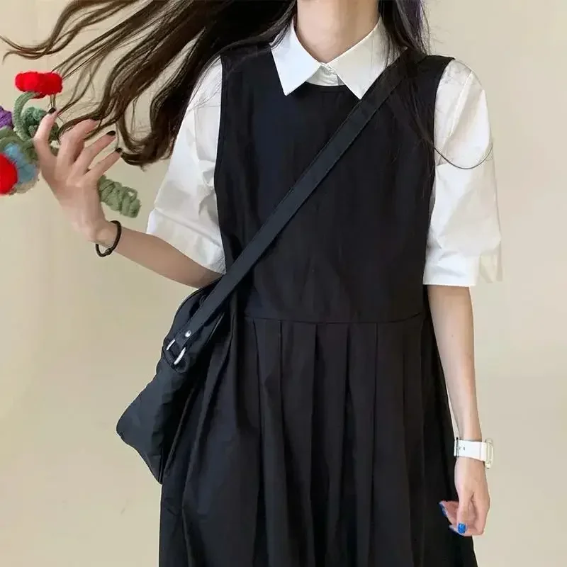 Sets Women Japanese Style Sleeveless Dresses White Short Sleeve Shirts Clean Fit A-line Loose Gothic Leisure Students Ins Chic