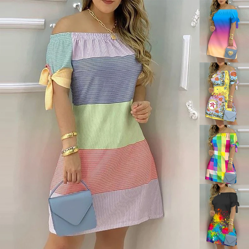 

Women Off Shoulder Dress Sexy Short Sleeve Bow Tie Floral Print Dresses Fashion Loose Striped Color Female Mini Dress 2022