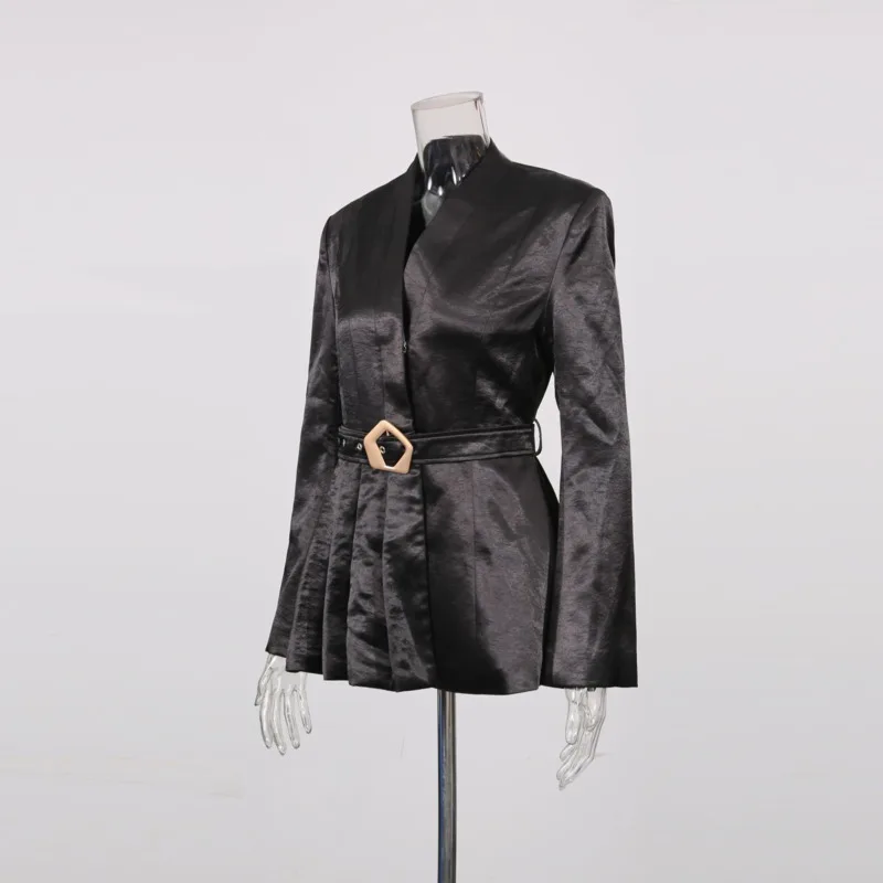 HKSH Women Blazer Dark Style Elegant Pleated Patchwork Sashes Design Waist Cinching V-Neck Slim Fit Trendy Ins Suit-Coat HK28806