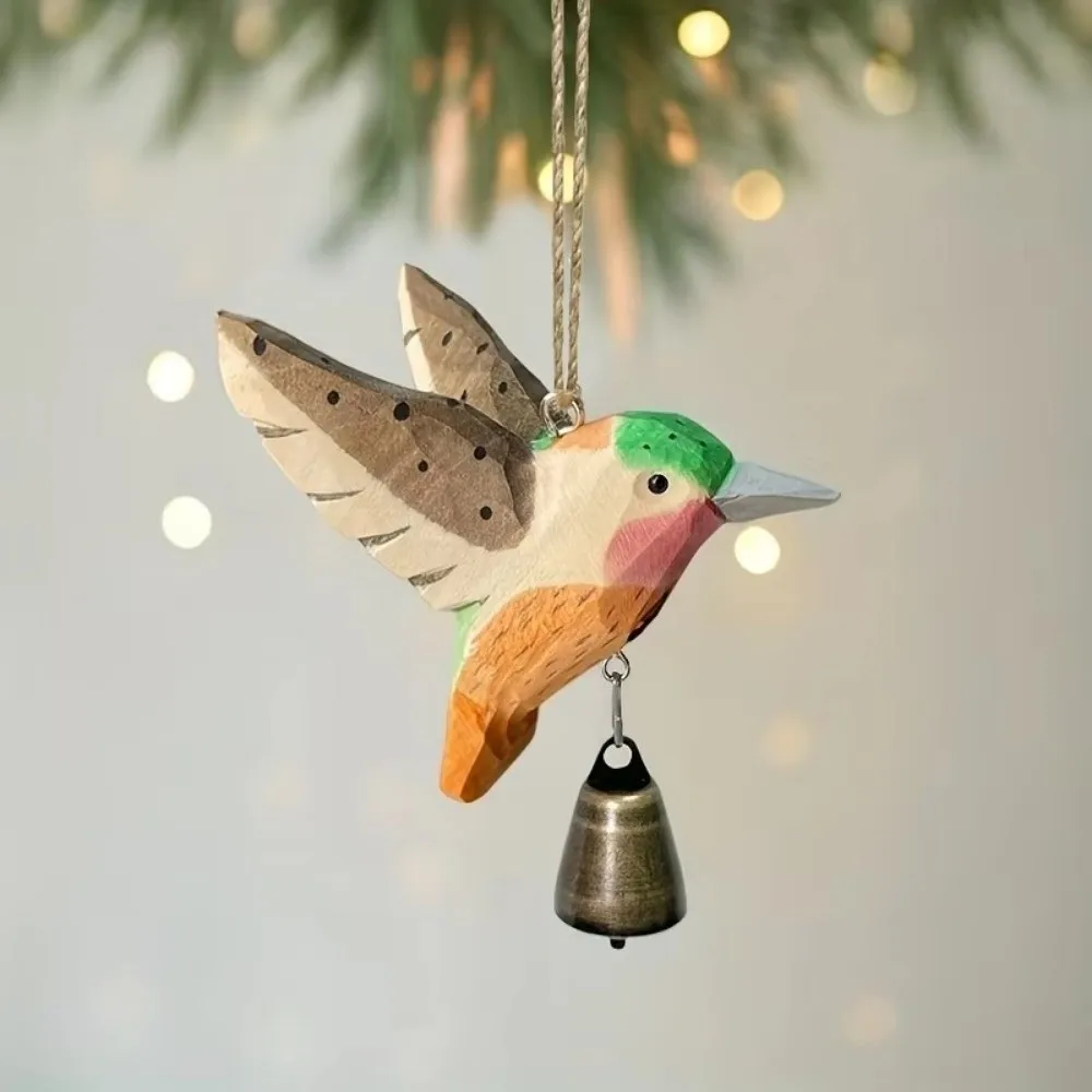 Hand-Carved Hummingbird Figurine Wooden Wood Grain Flying Bird Sculpture with Soothing Sound with Bell Wind Chime Pendant