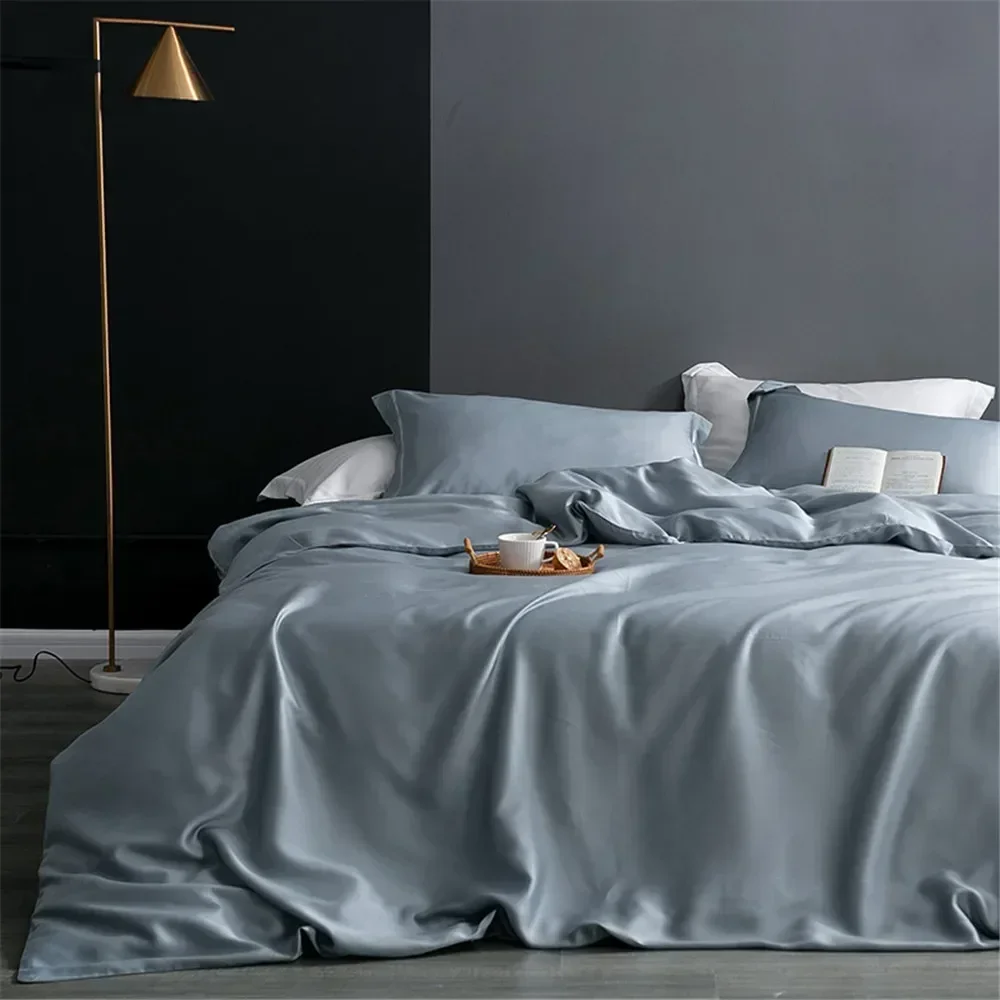 Sondeson Luxury Nature 100% Pure Silk Bedding Set Blue Gray Queen King Duvet Cover Flat Sheet Or Fitted Sheet Pillowcase Bed Set