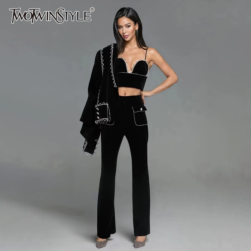 

TWOTWINSTYLE Утягивающие комплекты из трех предметов из бисера для женщин, пальто с длинными рукавами и лацканами, жилет с v-образным вырезом, комплект брюк с высокой талией, женский новый