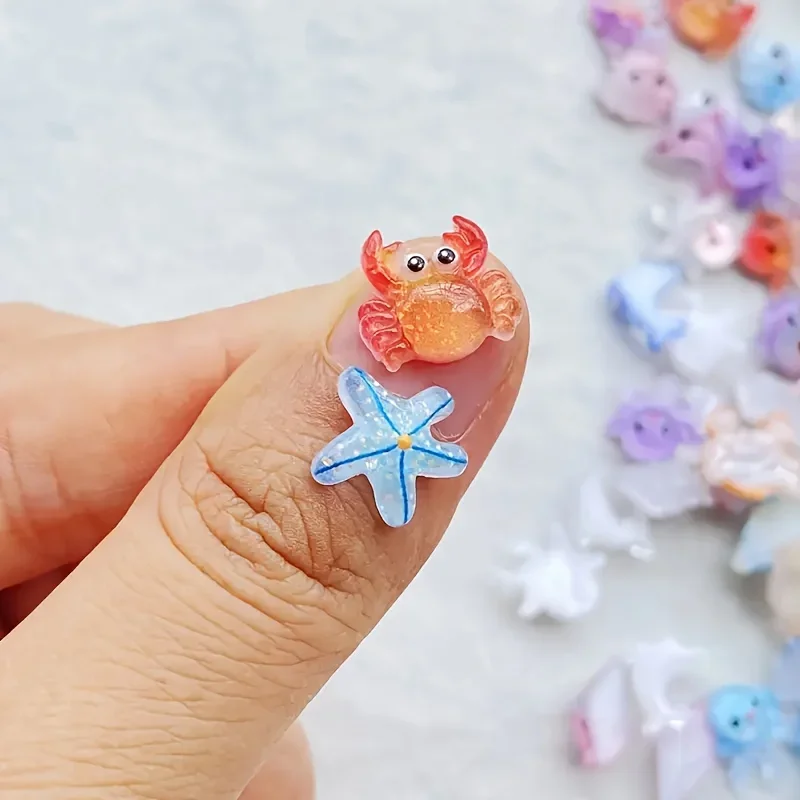 20pcs Cute Resin Random Mini Shiny Cartoon Ocean Theme, Octopus, Dolphin, Starfish, Crab, Seahorse, Shell, Conch Decoration