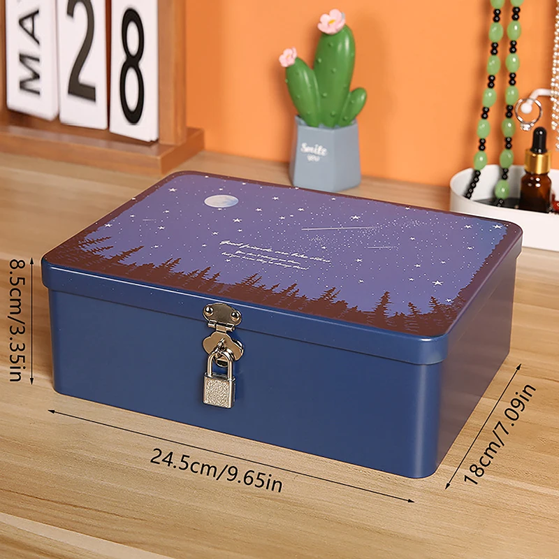Hot Sale Vintage Large Capacity Tinplate Box With Lock Key Desktop Storage Case Metal Box Jewelry Storage Empty Box