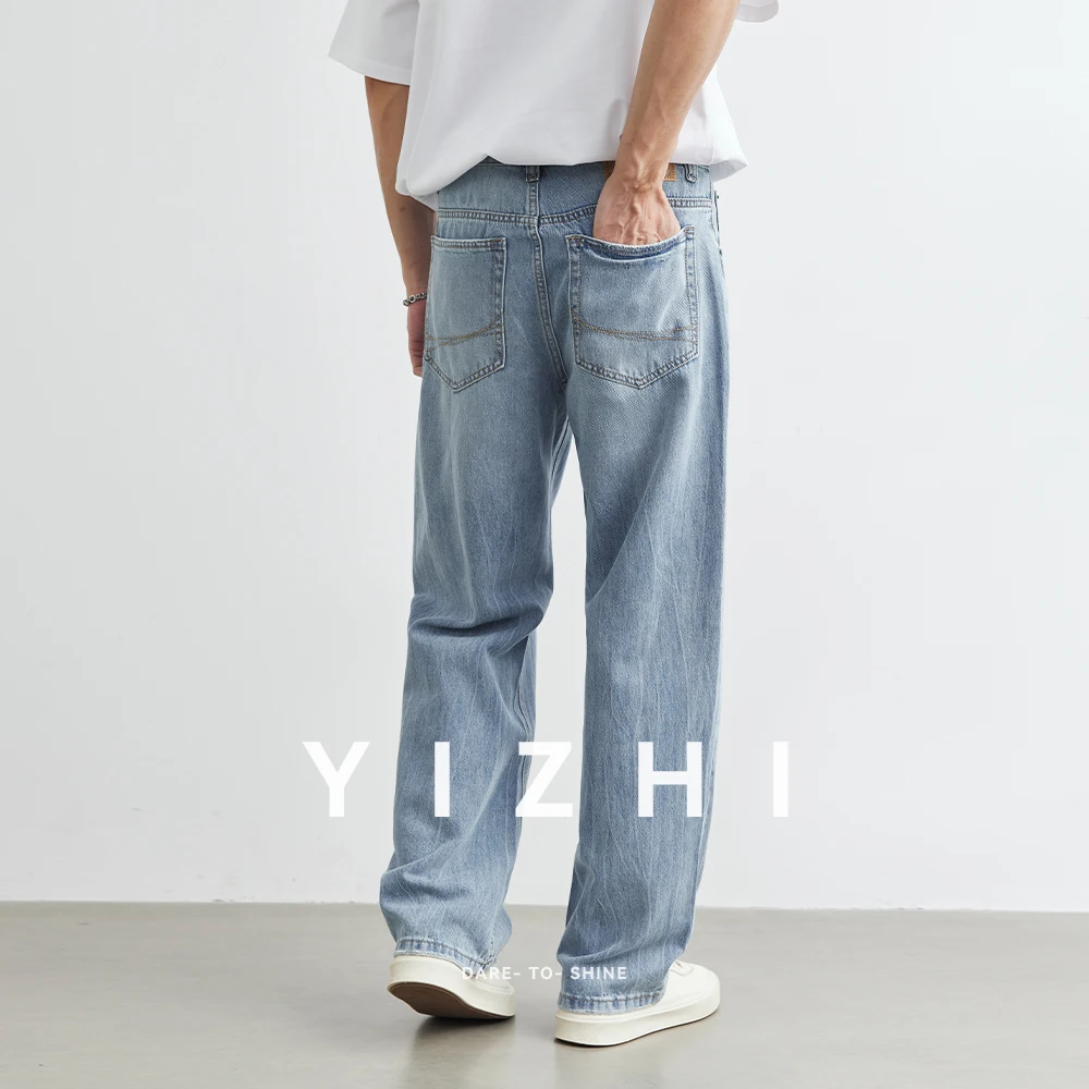 Men's Light Blue Straight Jeans 2025 Summer New Loose Breathable Thin Wide Leg Pants Casual Fashion Soft Retro Jeans
