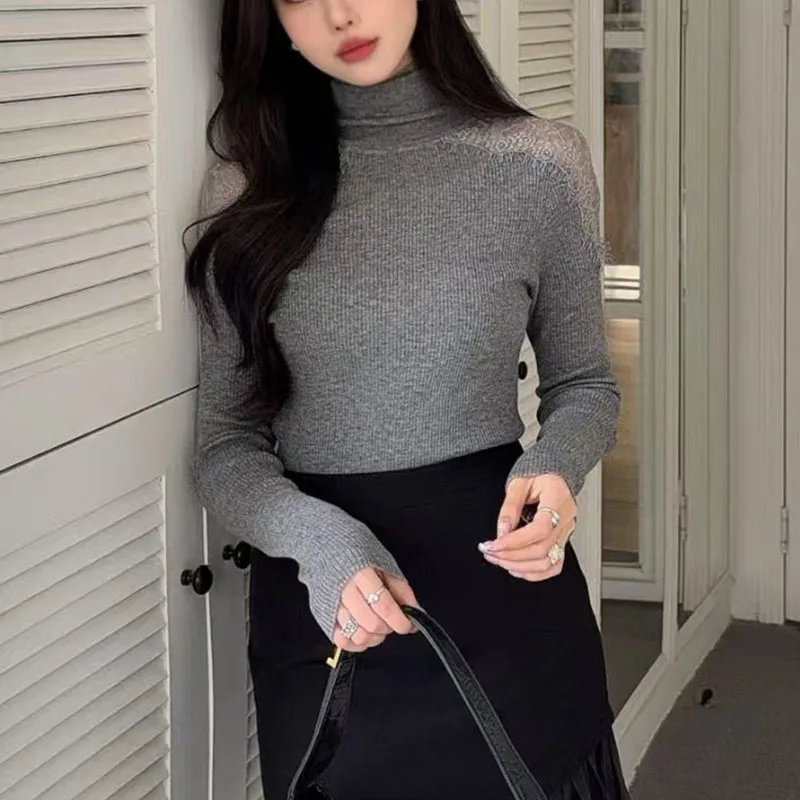 سترة نسائية ذات طبقة أساسية عالية الرقبة من الدانتيل، بلوفر علوي أنيق ومتعدد الاستخدامات، سترة صوف مميزة، وصل حديثًا ربيع 2026