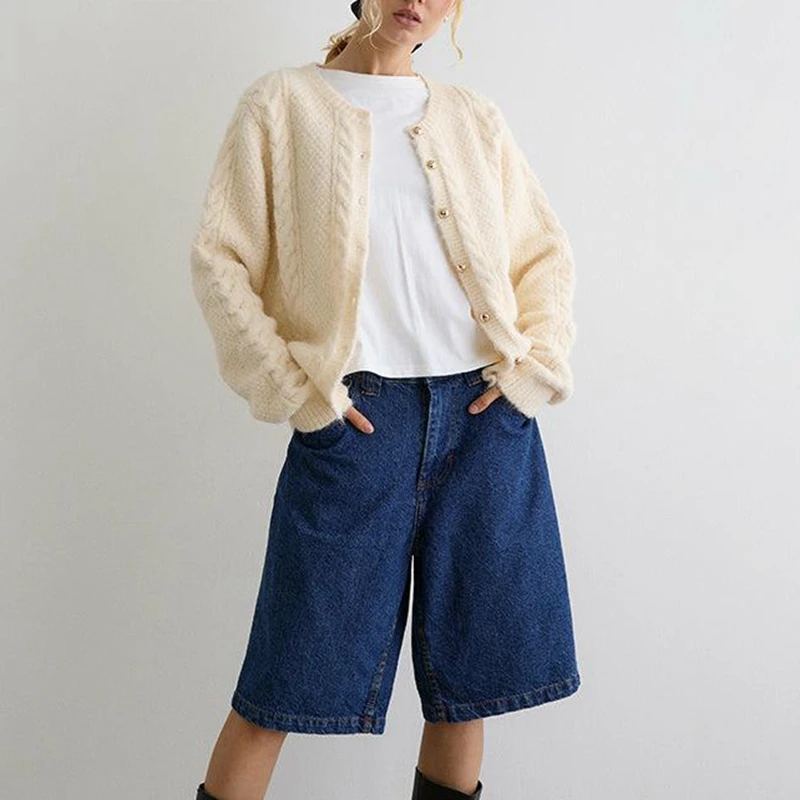 Combhasaki Women Knitted Cardigan Long Sleeve Ribbed Crew Neck Button Down Sweater Jacket Y2k Loose Fit Knitwear Coat Streetwear