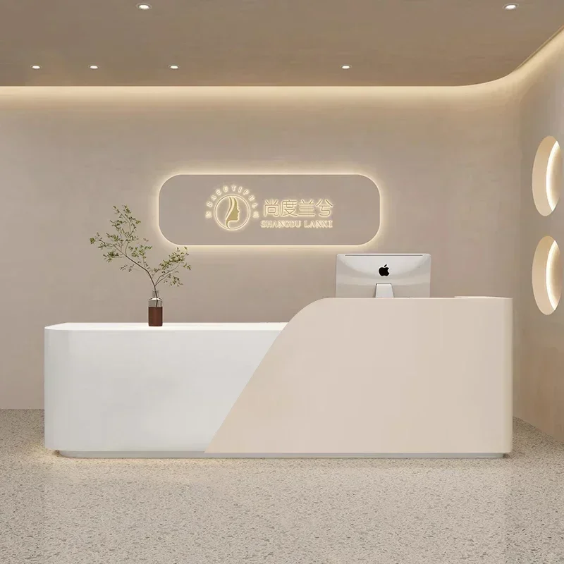 Beauty Salon Furniture Restaurant Front Desk Table Wooden Gold Floaoting Shelf Reception Center Business Executive Office Small