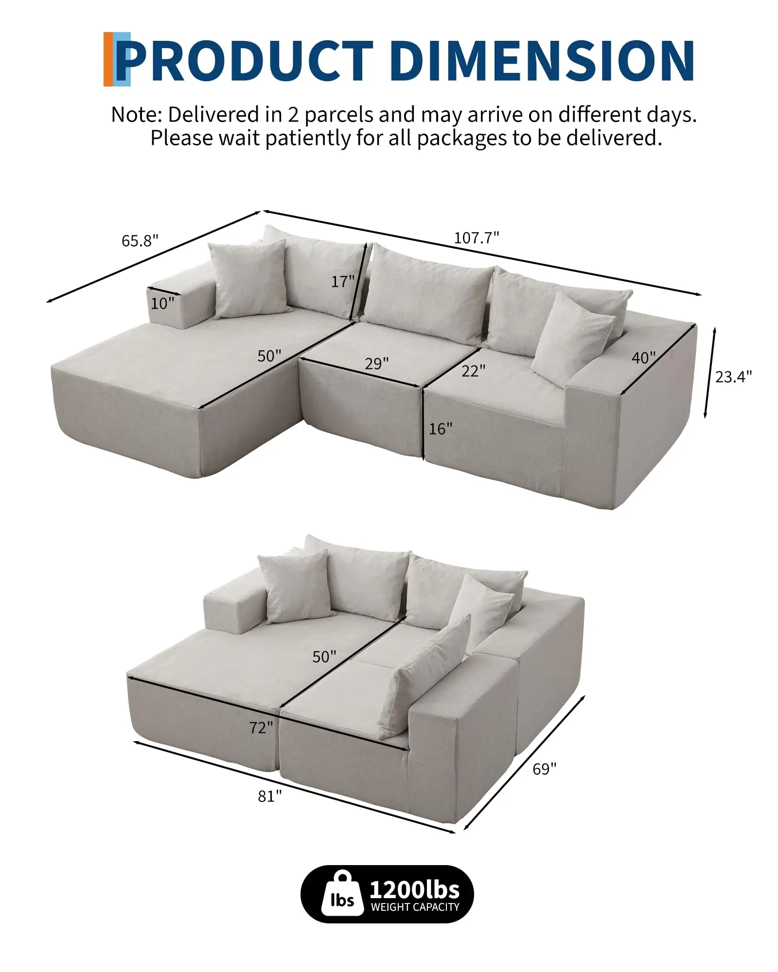 108 in Modular Sectional Sofa With Left Chaise, Corduroy L Shaped Living Room Couch, Soft Boneless Sofa, No Assembly Required