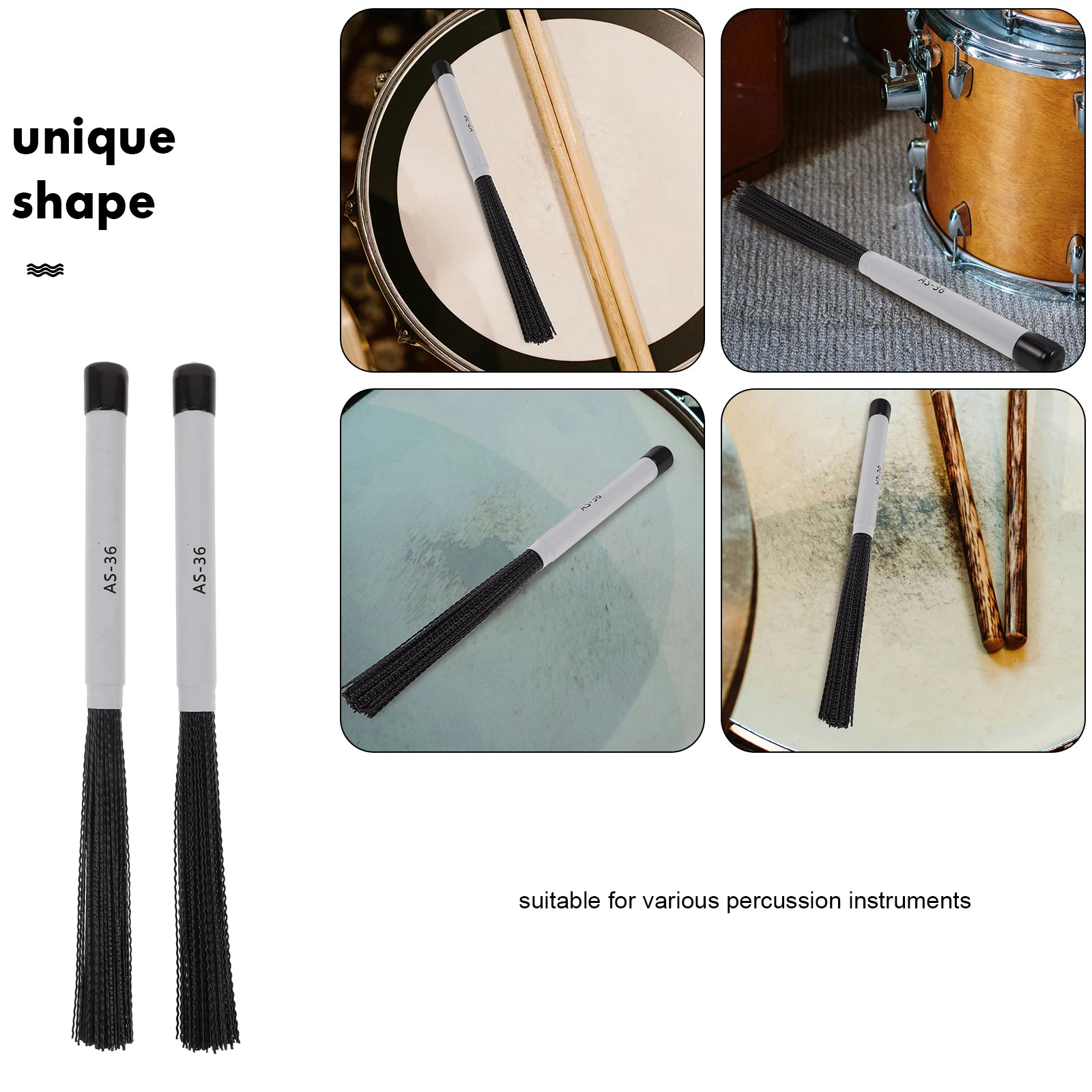 1 par de escova de tambor, fio de nylon retrátil para instrumentos de percussão, tambores de jazz, acessório de efeito sonoro