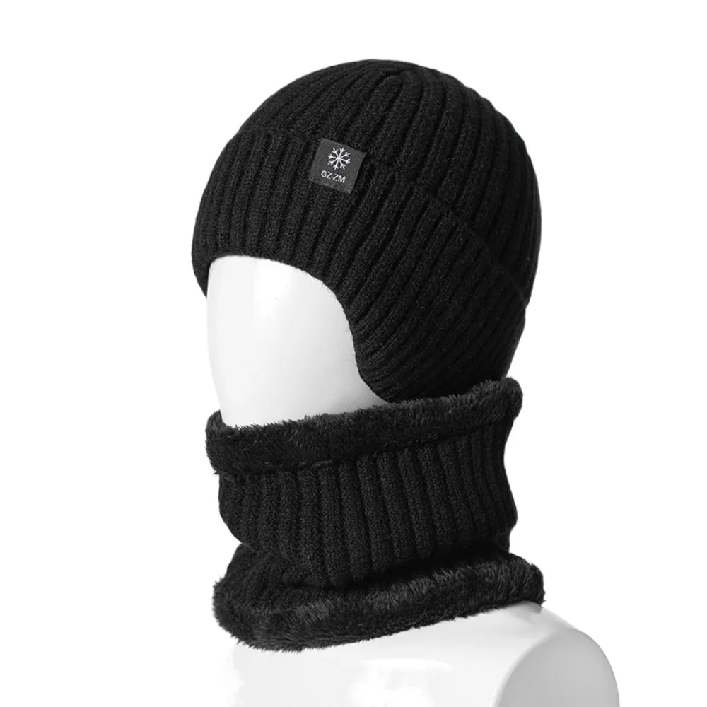 

Casual Thick Hat Scarf Set Plush Neck Warm Knitted Beanie Hat Solid Color Keep Warm Ear Protection Hat Male