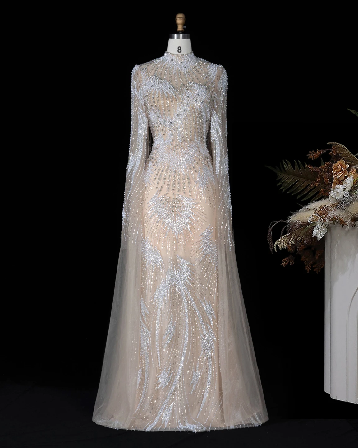 Sharon Said Abendkleider Elegantes Meerjungfrauen-Tüllkleid mit Hohem Kragen, Perlen und Cape-Ärmeln Dubai Formelles Party-Hochzeitskleid SS022 Maßanfertigung – Detail 5