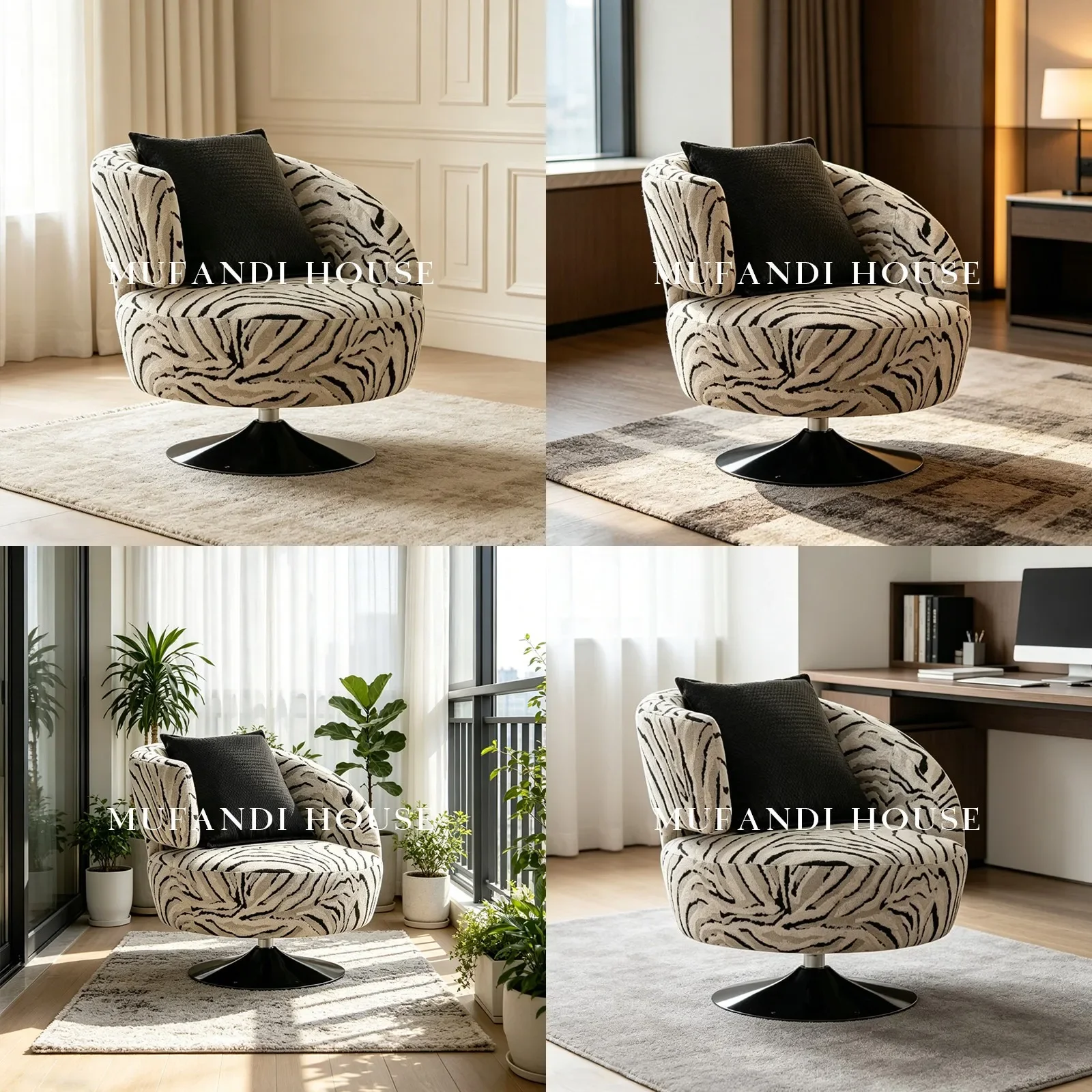 81 N Mid-Century Zebra Print Swivel Accent Chair Luxury Lounge Chair for Living Room Balcony Designer Recliner