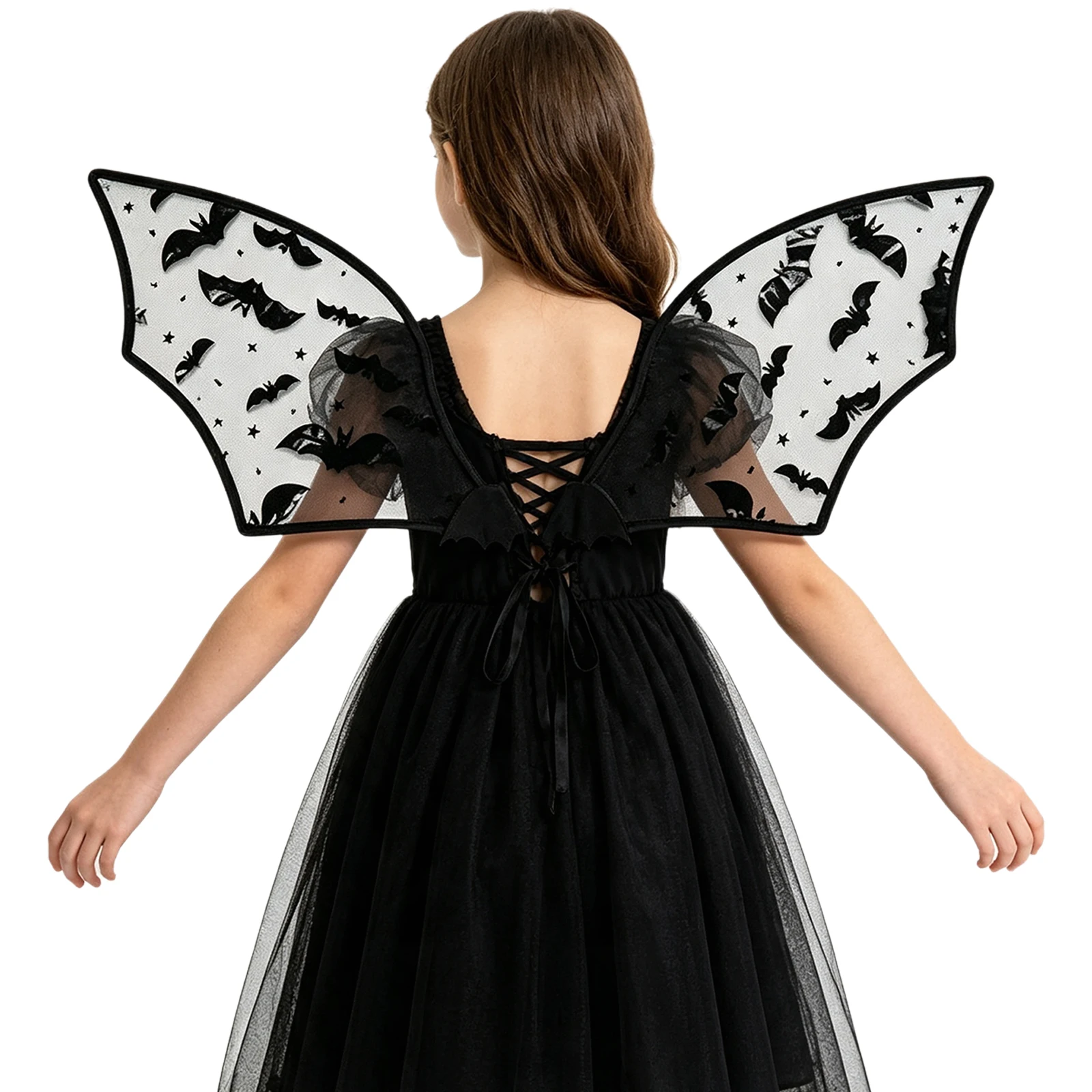 Kids Bat Pattern Devil Bat Wing Sheer Mesh Foldable Wing with Ribbon Tie Halloween Cosplay Accessory Party Props 4