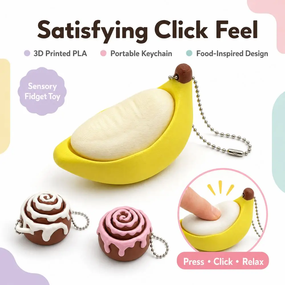 3D Printed Fidget Clicker Keychain Mechanical Click Pressable Button Button Clicker Food Shape Food Shape Keychain