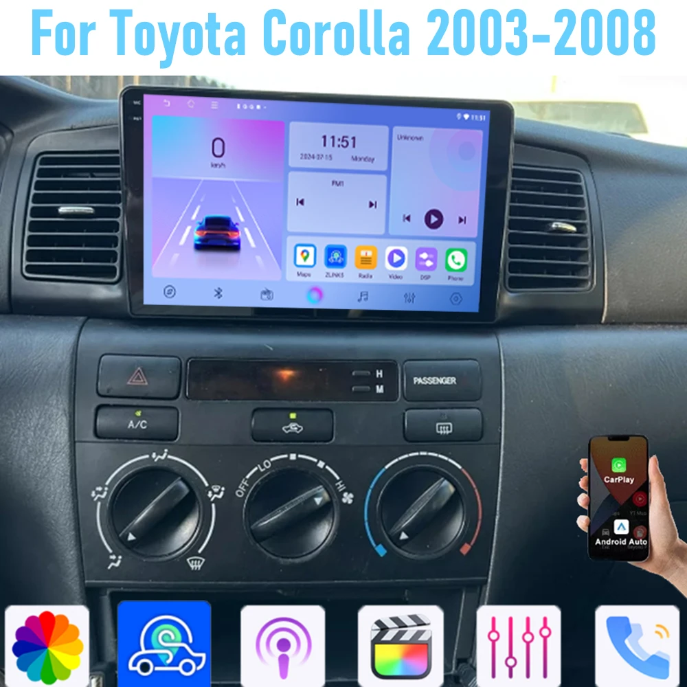 

9'' For Toyota Corolla 2003-2008 Car Radio Head Unit GPS Multimedia Carplay Android 15 Wireless Navigation Intelligent System