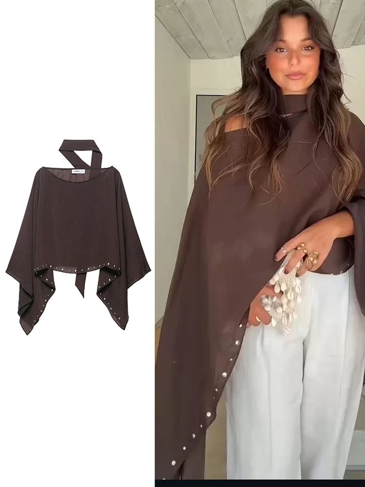 

TFMLN Elegant Women Holiday Cloak Chic Rivet Decoration Pullover Scarf Collar Long Sleeve Loose Cloak Ladies Summer Outwear