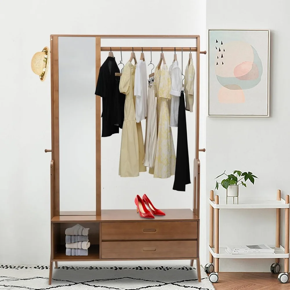 Bamboo Heavy Duty Free Standing Closet Organizer with 2 Drawers and Mirror, Open Wardrobe Storage Solution