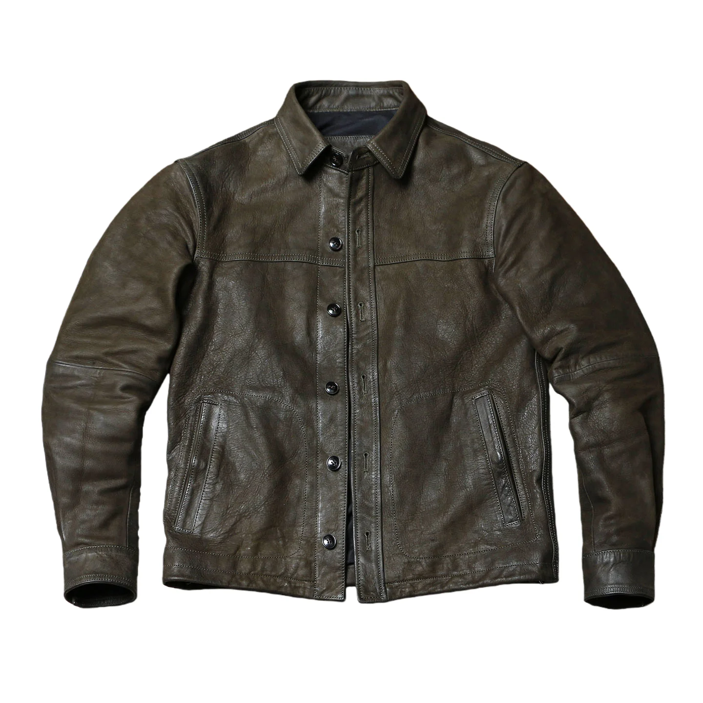 الأخضر الداكن الخريف الجلود قميص الرجال الرجعية خمر نمط حجم كبير 4XL حقيقية جلد الغنم الطبيعي واحدة الصدر معطف جلد